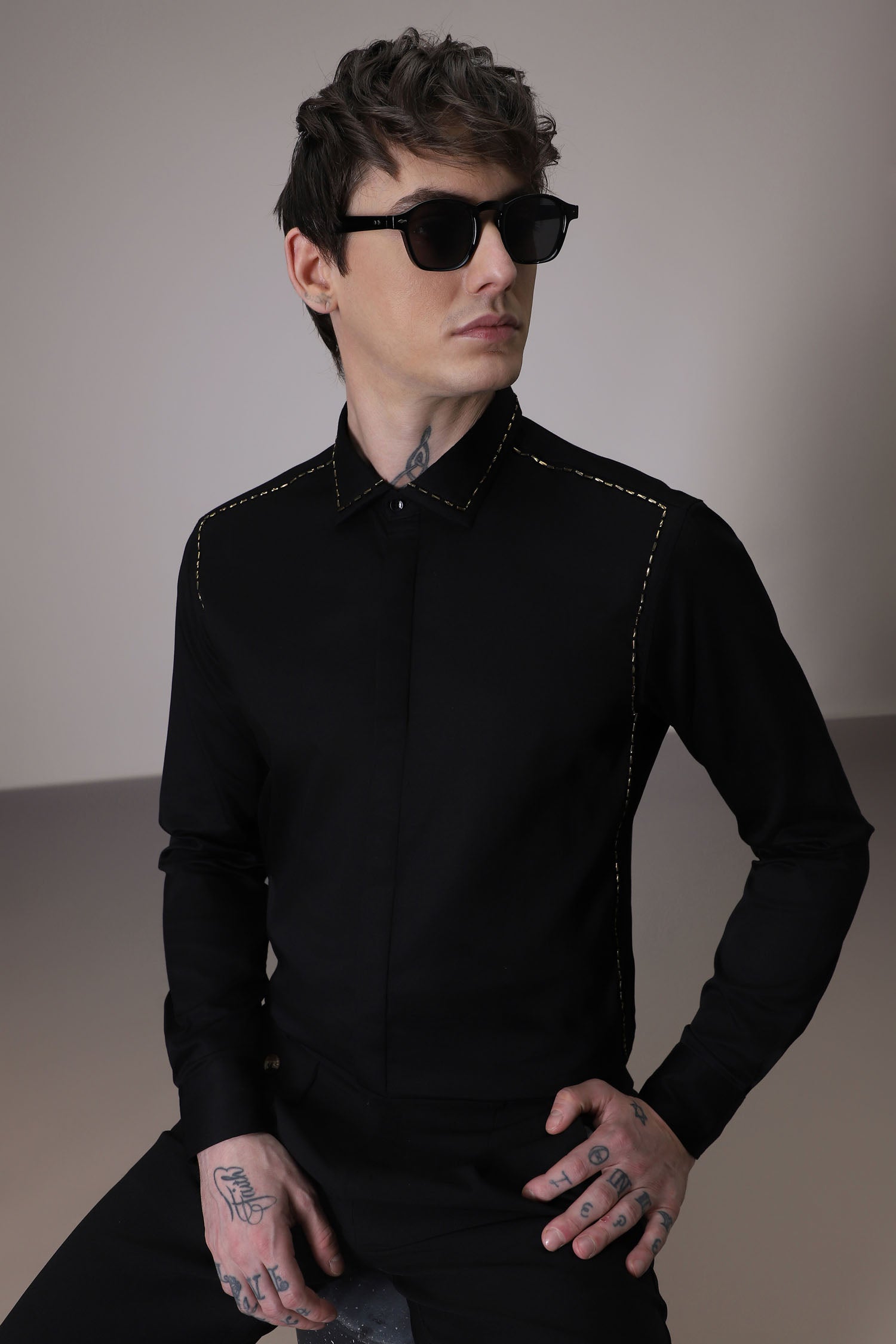 Shoulder Line hand embroidered designer shirt - Black