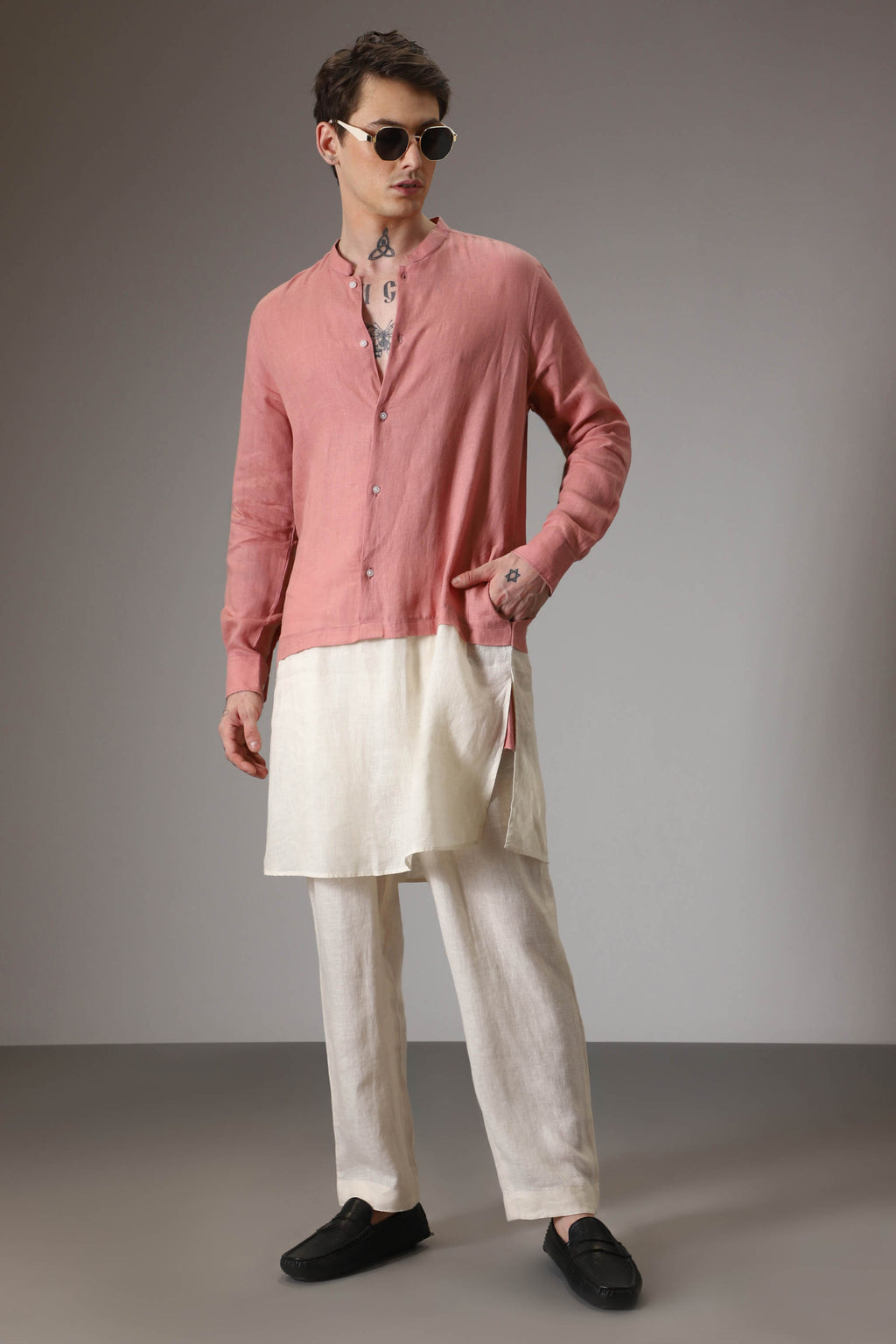 Salmon pink and ivory designer linen kurta