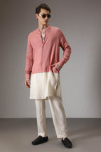 Salmon pink and ivory designer linen kurta