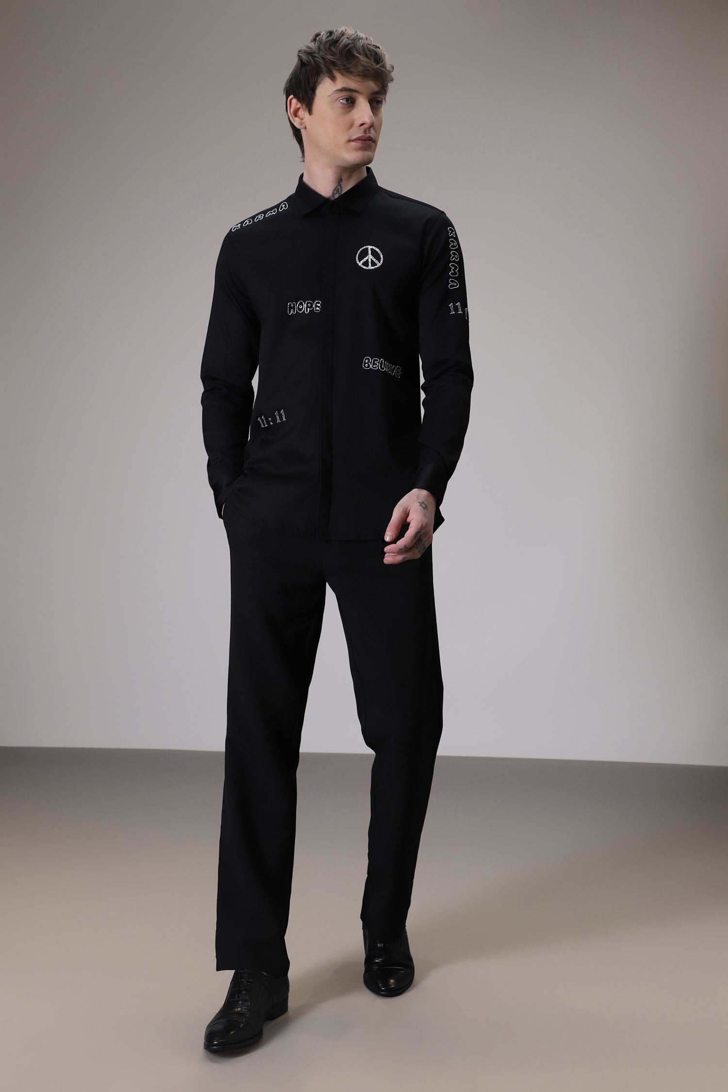 Karma hand embroidered designer shirt -Black