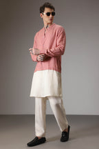 Salmon pink and ivory designer linen kurta