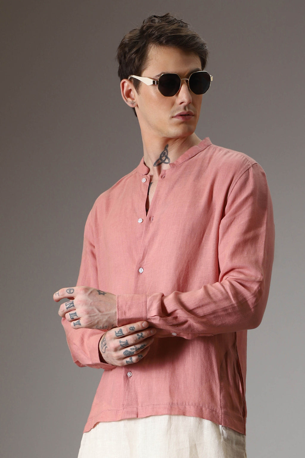 Salmon pink and ivory designer linen kurta
