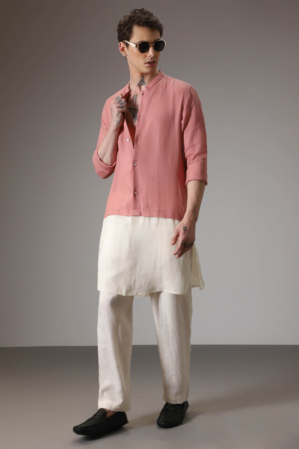 Salmon pink and ivory designer linen kurta