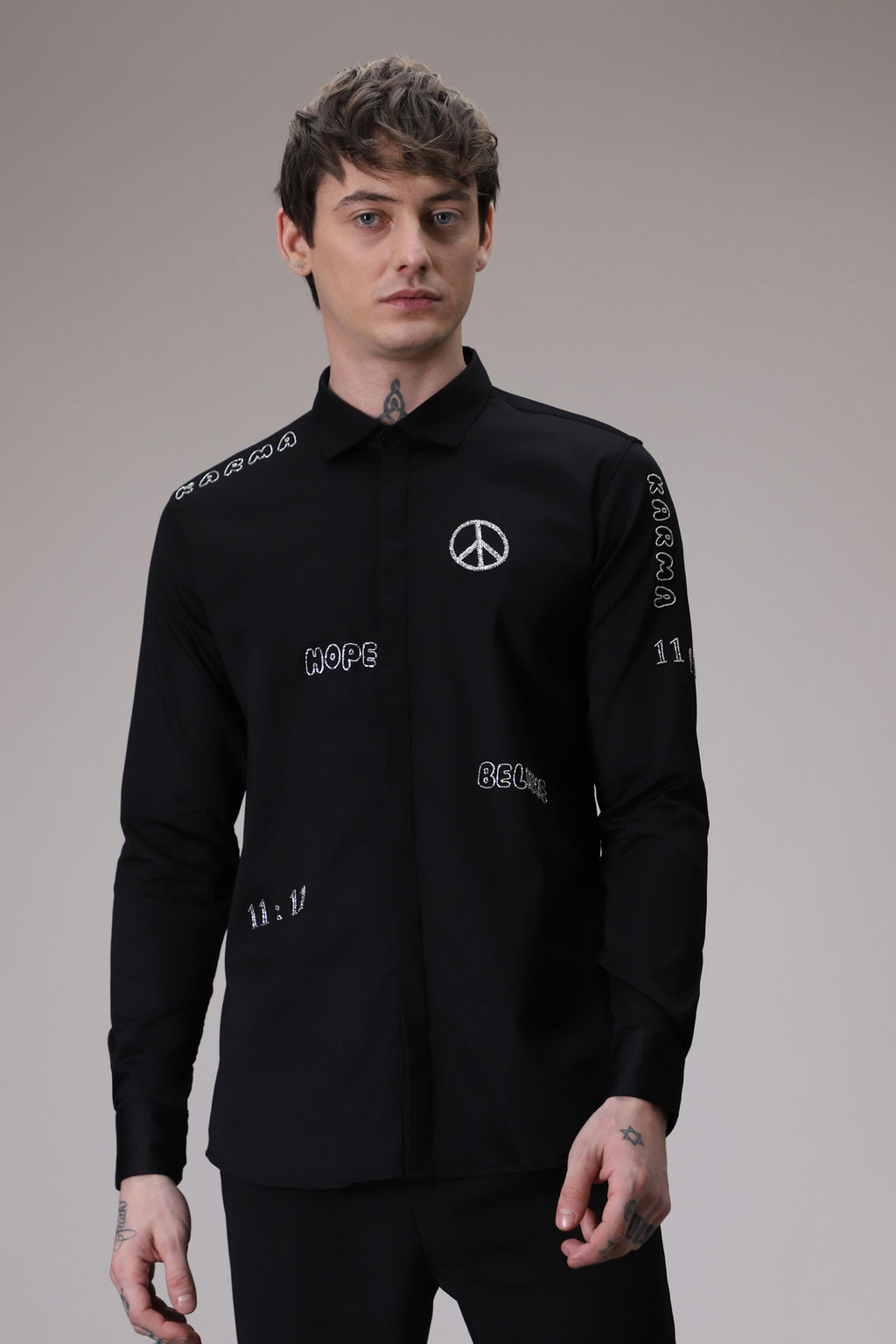 Karma hand embroidered designer shirt -Black