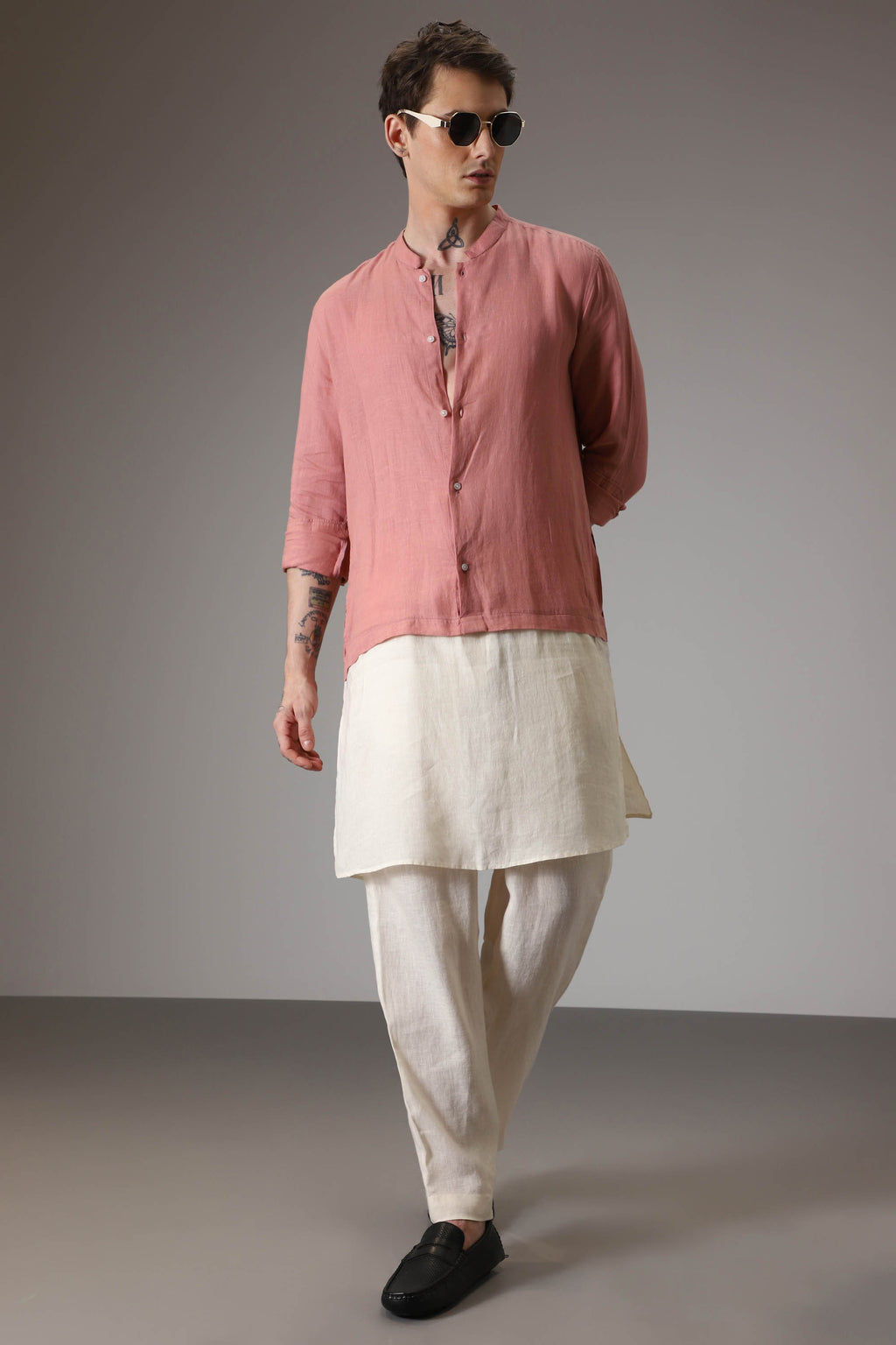 Salmon pink and ivory designer linen kurta