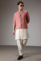 Salmon pink and ivory designer linen kurta