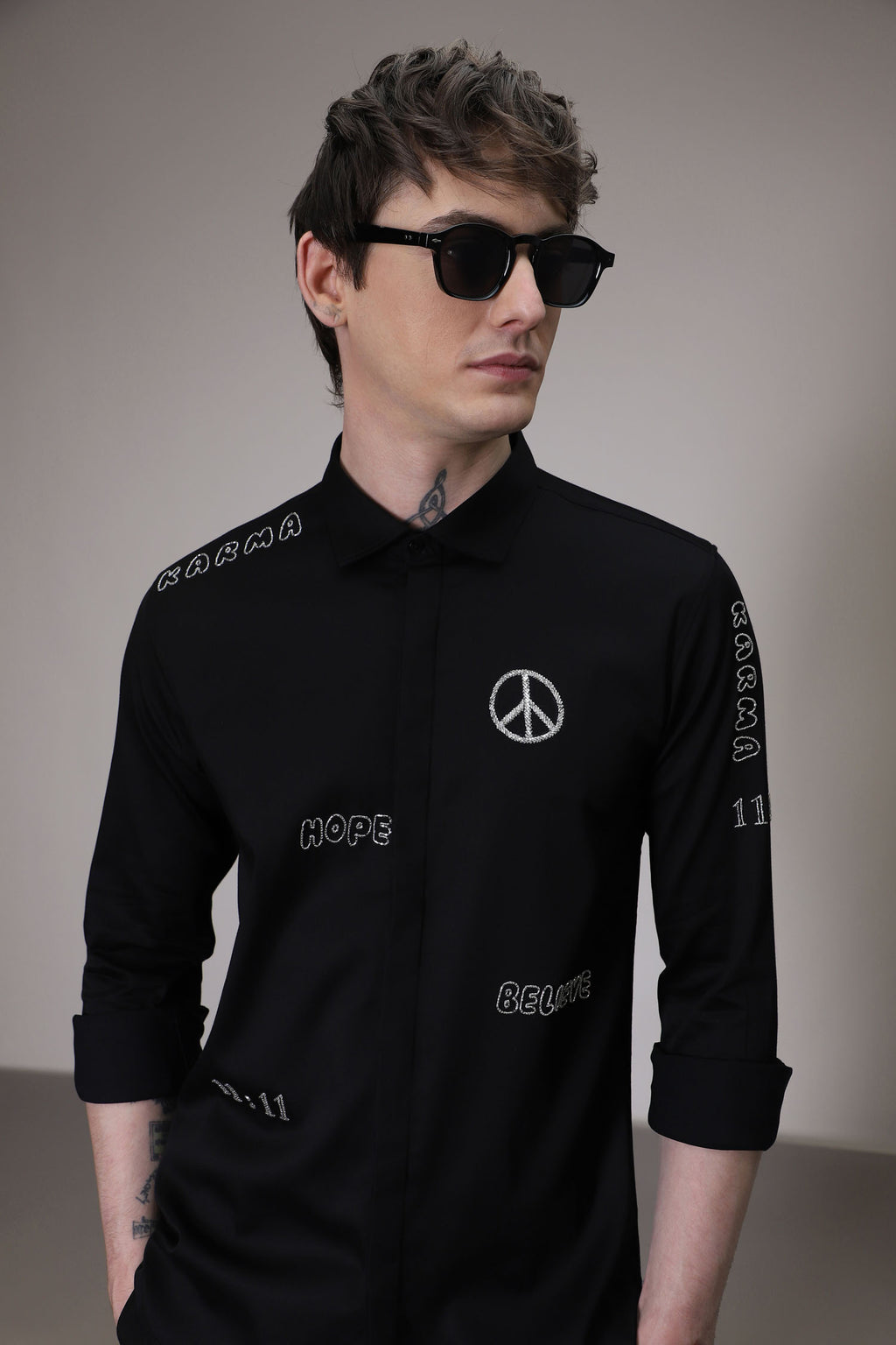 Karma hand embroidered designer shirt -Black