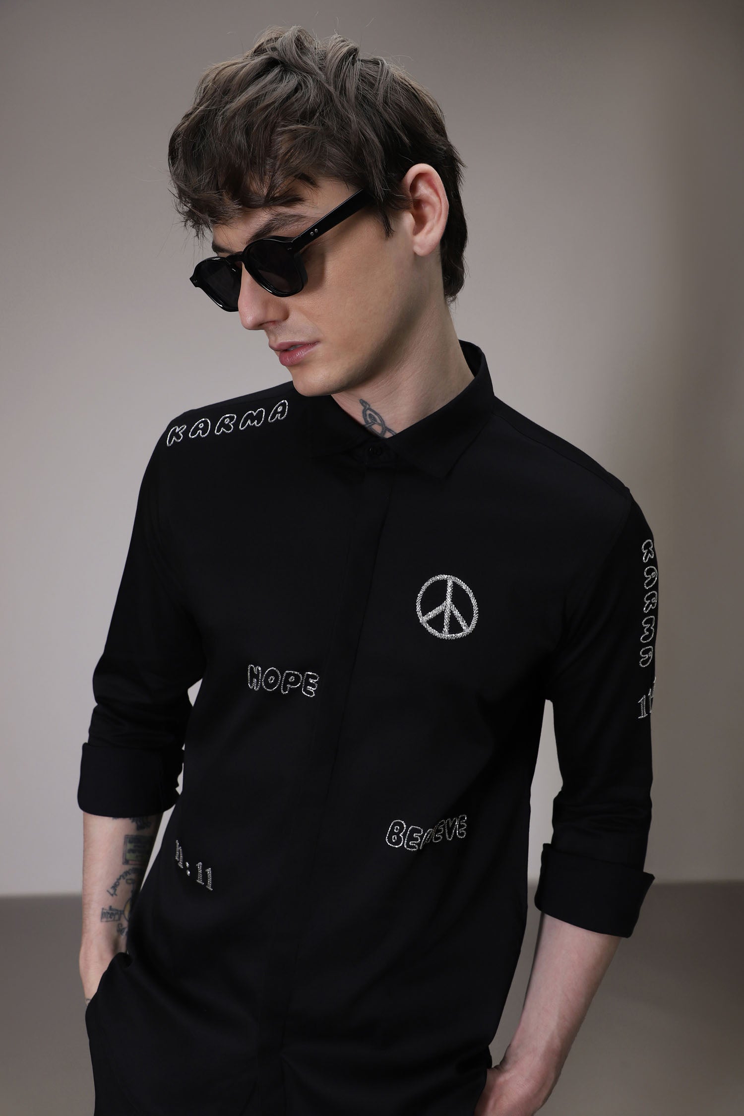 Karma hand embroidered designer shirt -Black