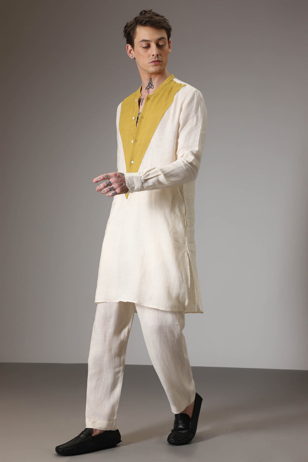 Mustard and ivory linen designer kurta