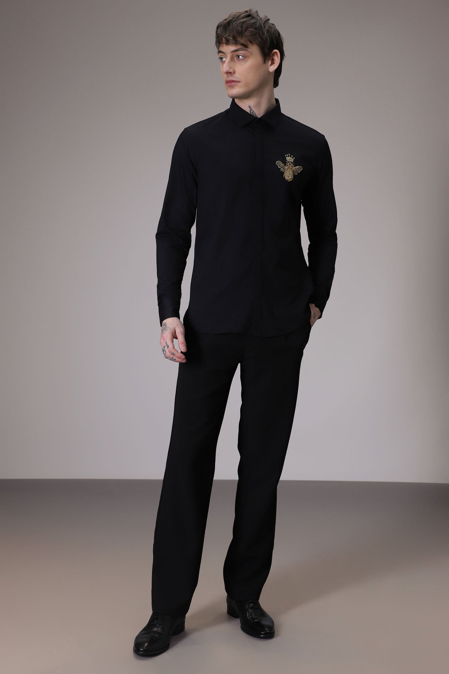 Queen Bee hand embroidered designer shirt - Black