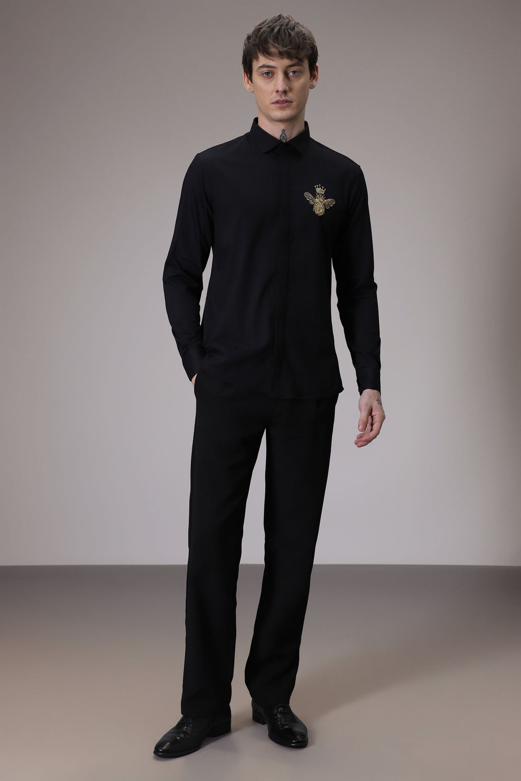 Queen Bee hand embroidered designer shirt - Black