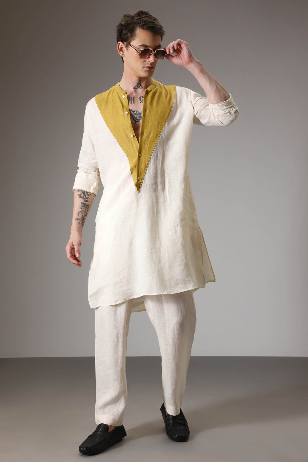 Mustard and ivory linen designer kurta