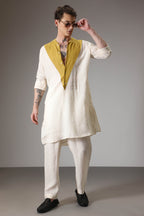Mustard and ivory linen designer kurta