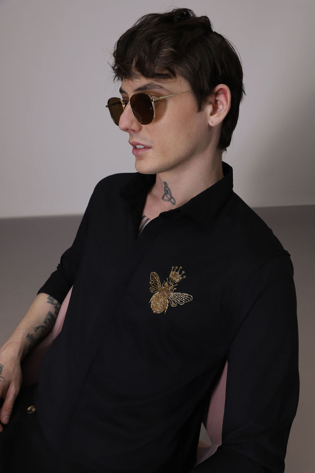 Queen Bee hand embroidered designer shirt - Black