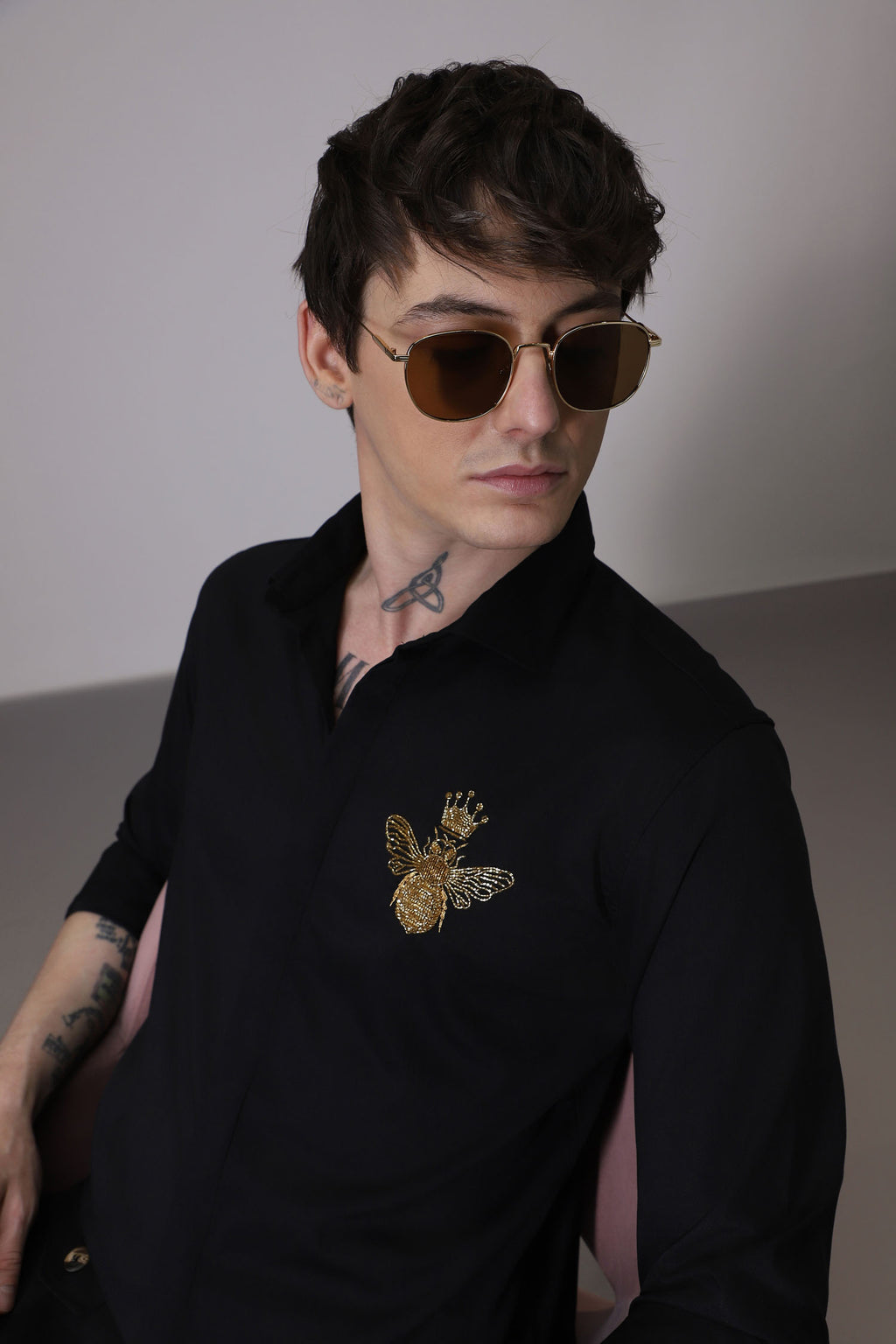 Queen Bee hand embroidered designer shirt - Black