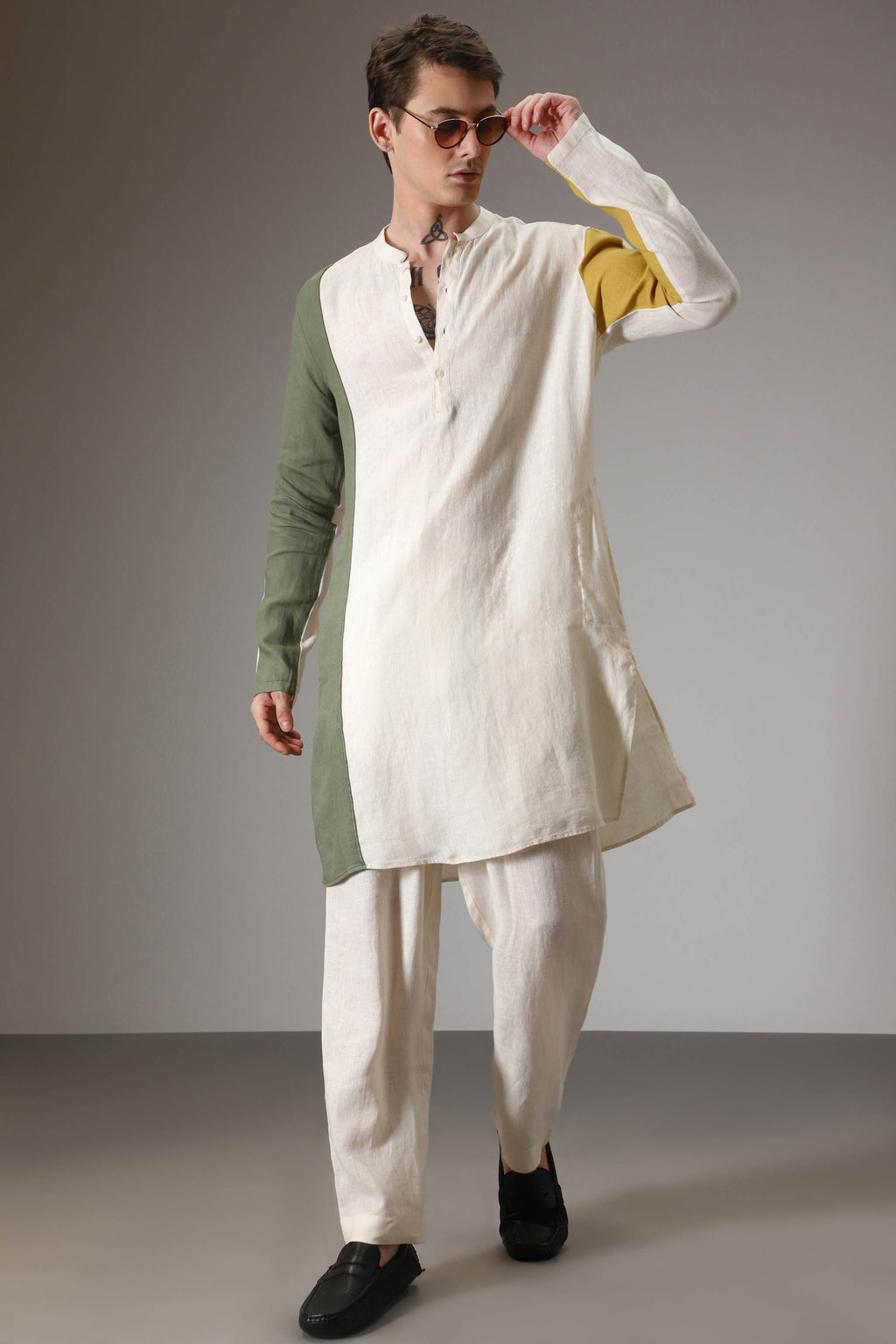 Olive mustard and ivory linen designer kurta