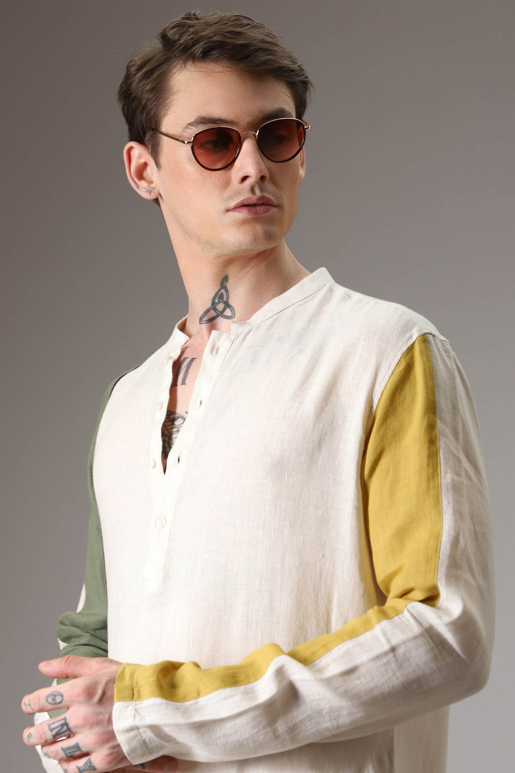 Olive mustard and ivory linen designer kurta