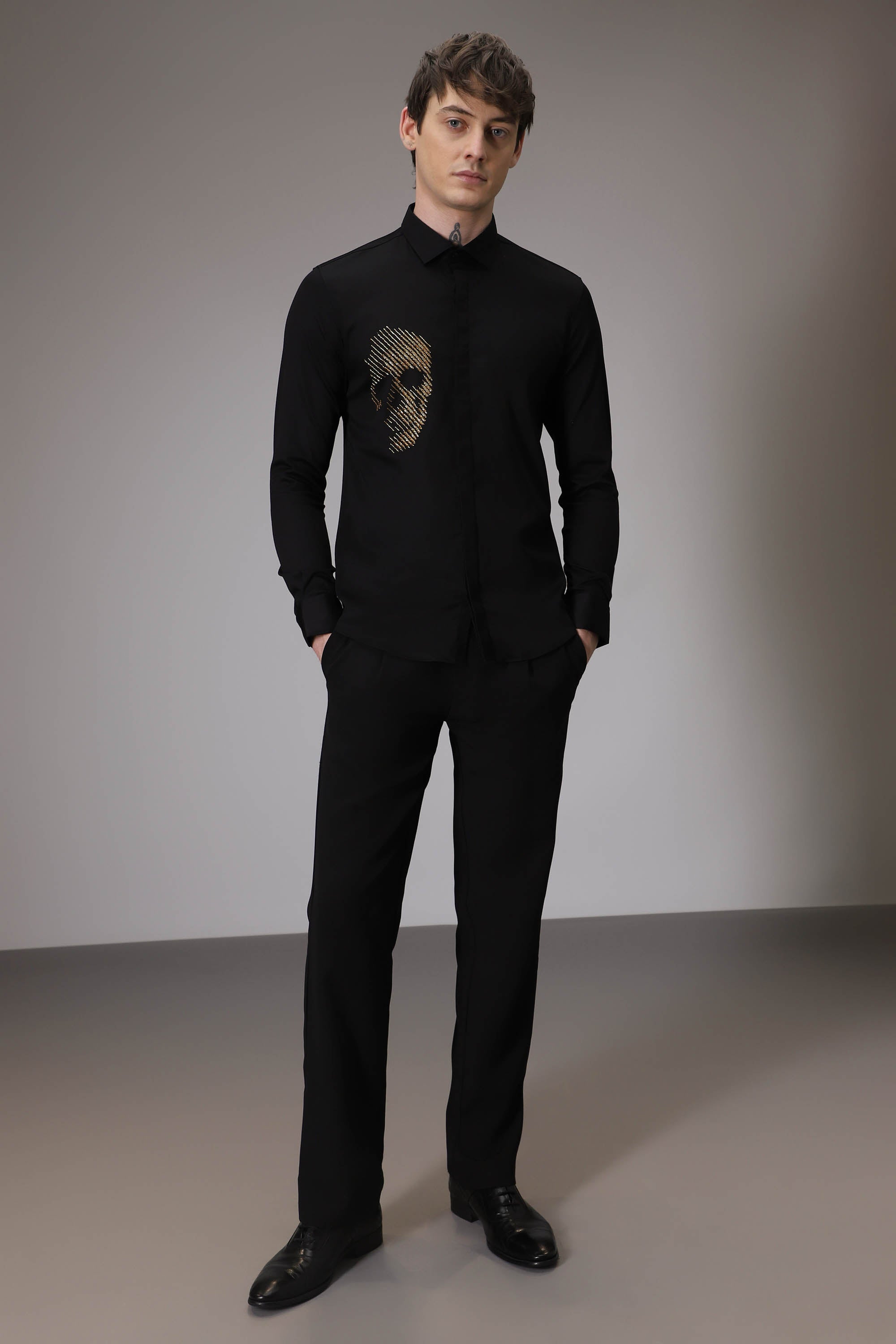 Skull Black Hand embroidered designer shirt - Black