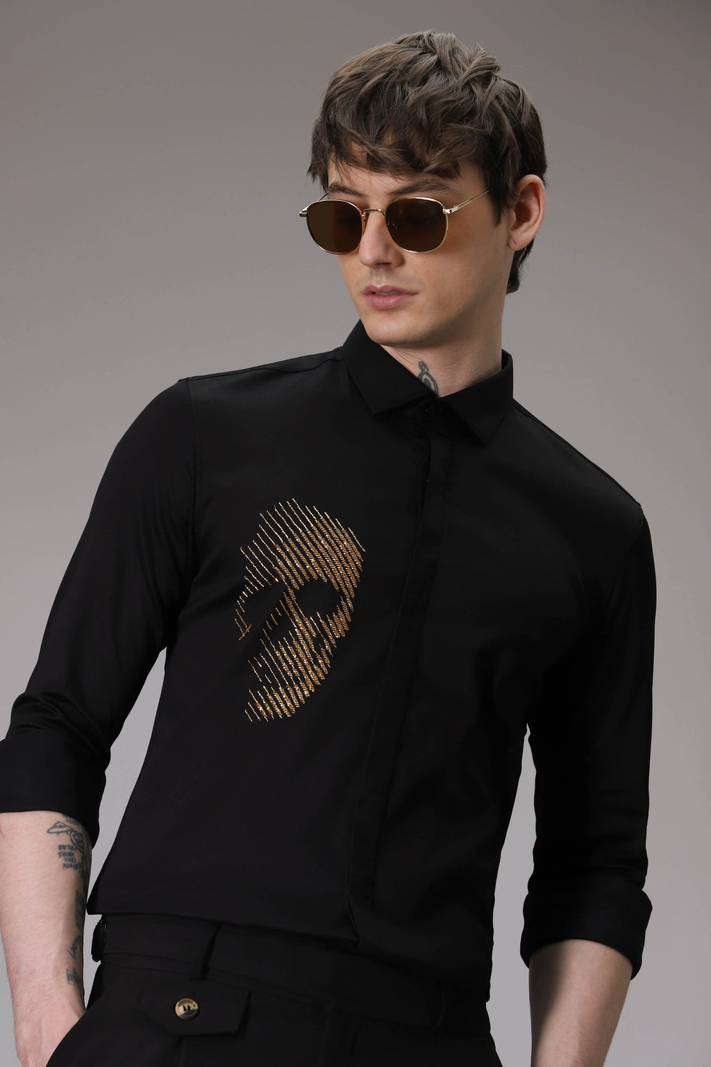 Skull Black Hand embroidered designer shirt - Black
