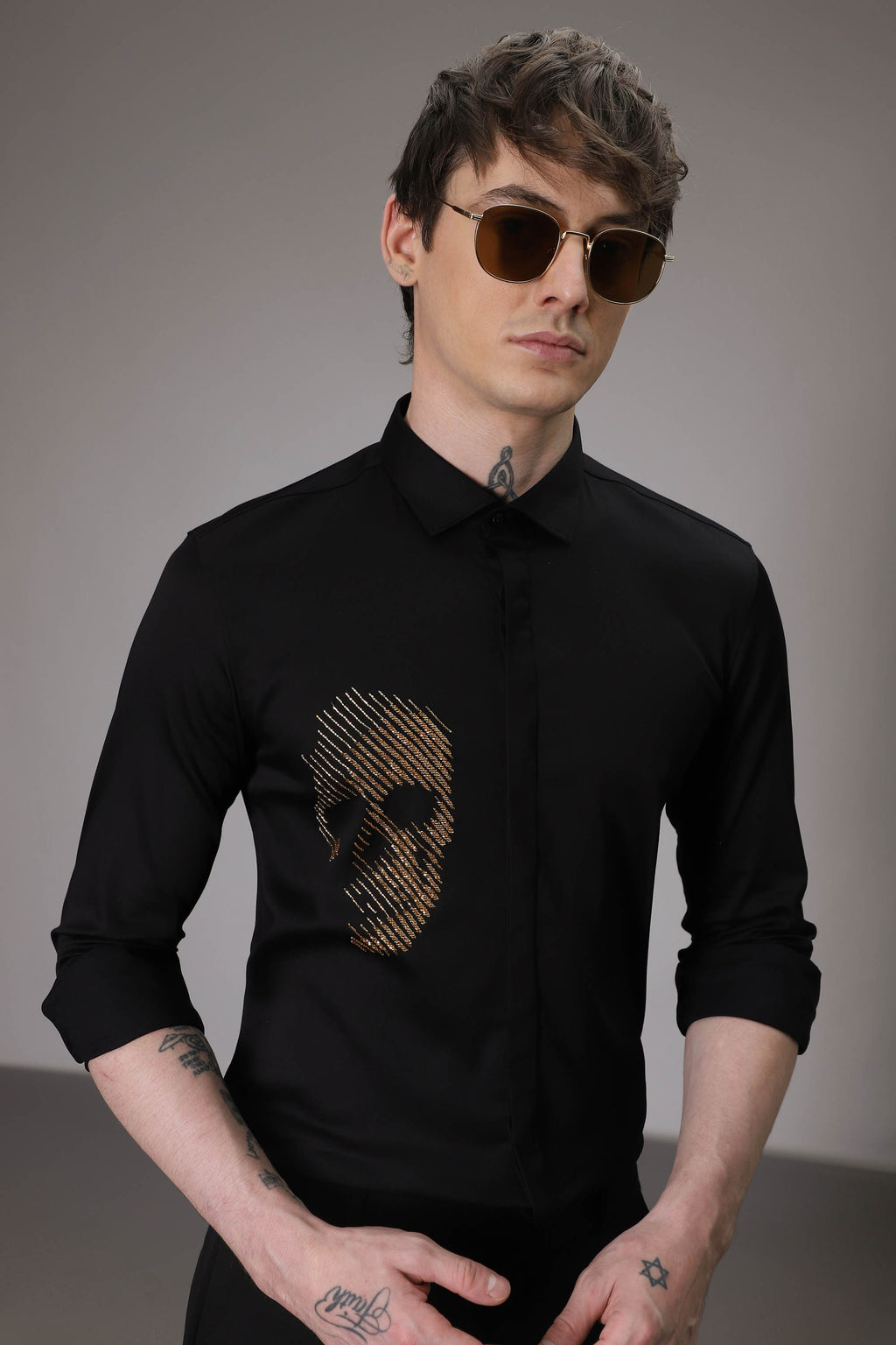 Skull Black Hand embroidered designer shirt - Black