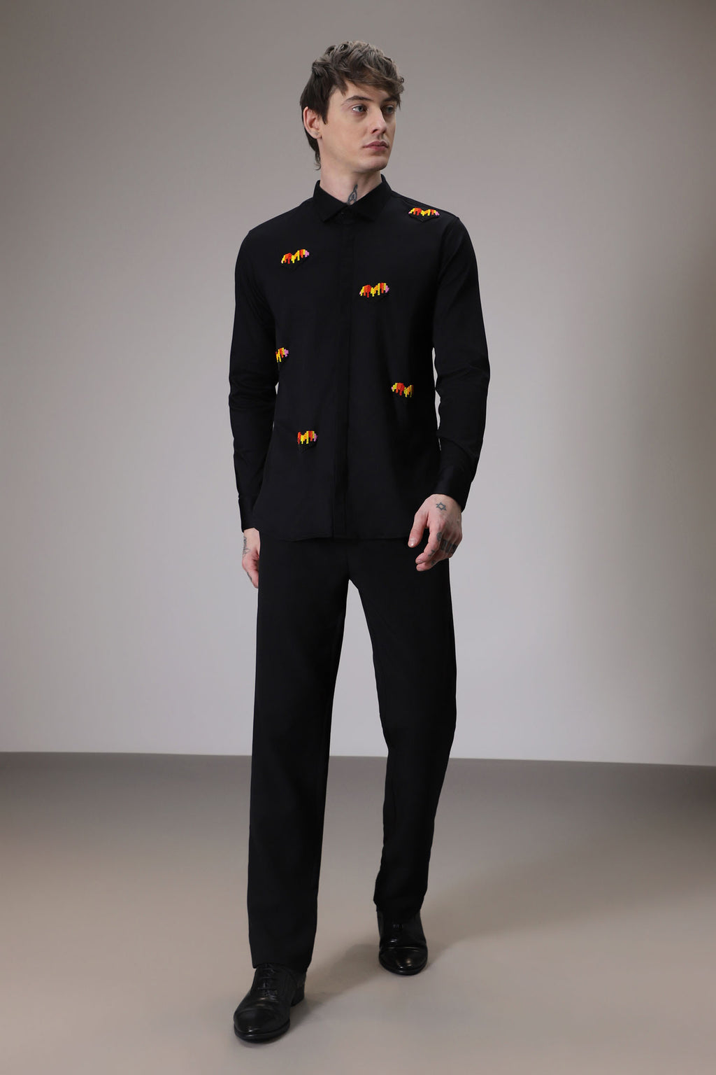 Hearts  hand embroidered designer shirt -Black