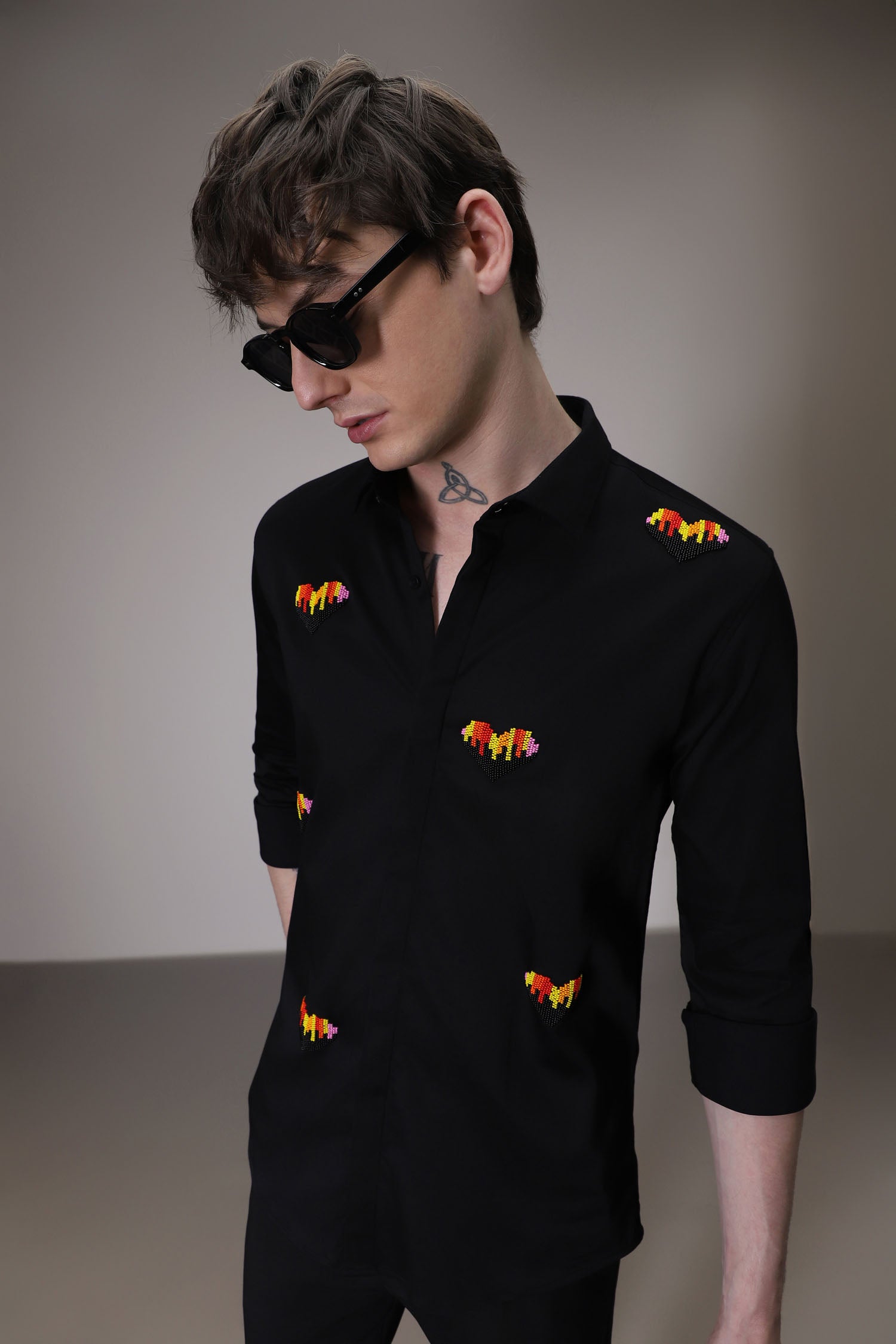 Hearts  hand embroidered designer shirt -Black