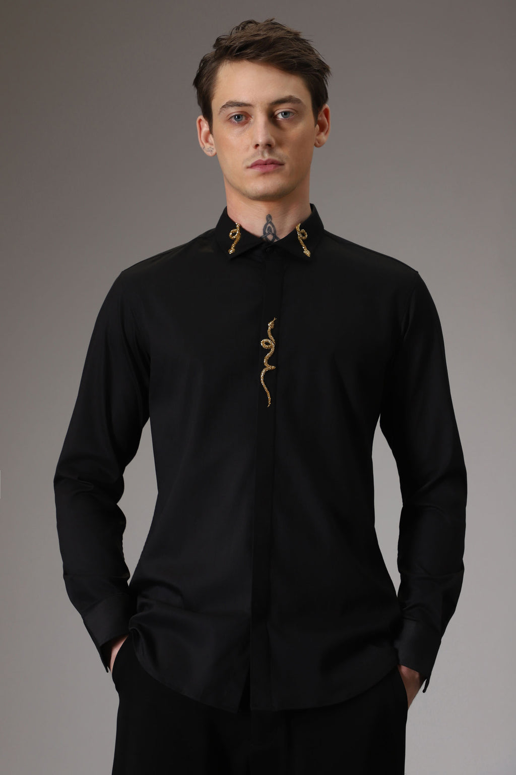 Snake hand embroidered designer shirt - Black