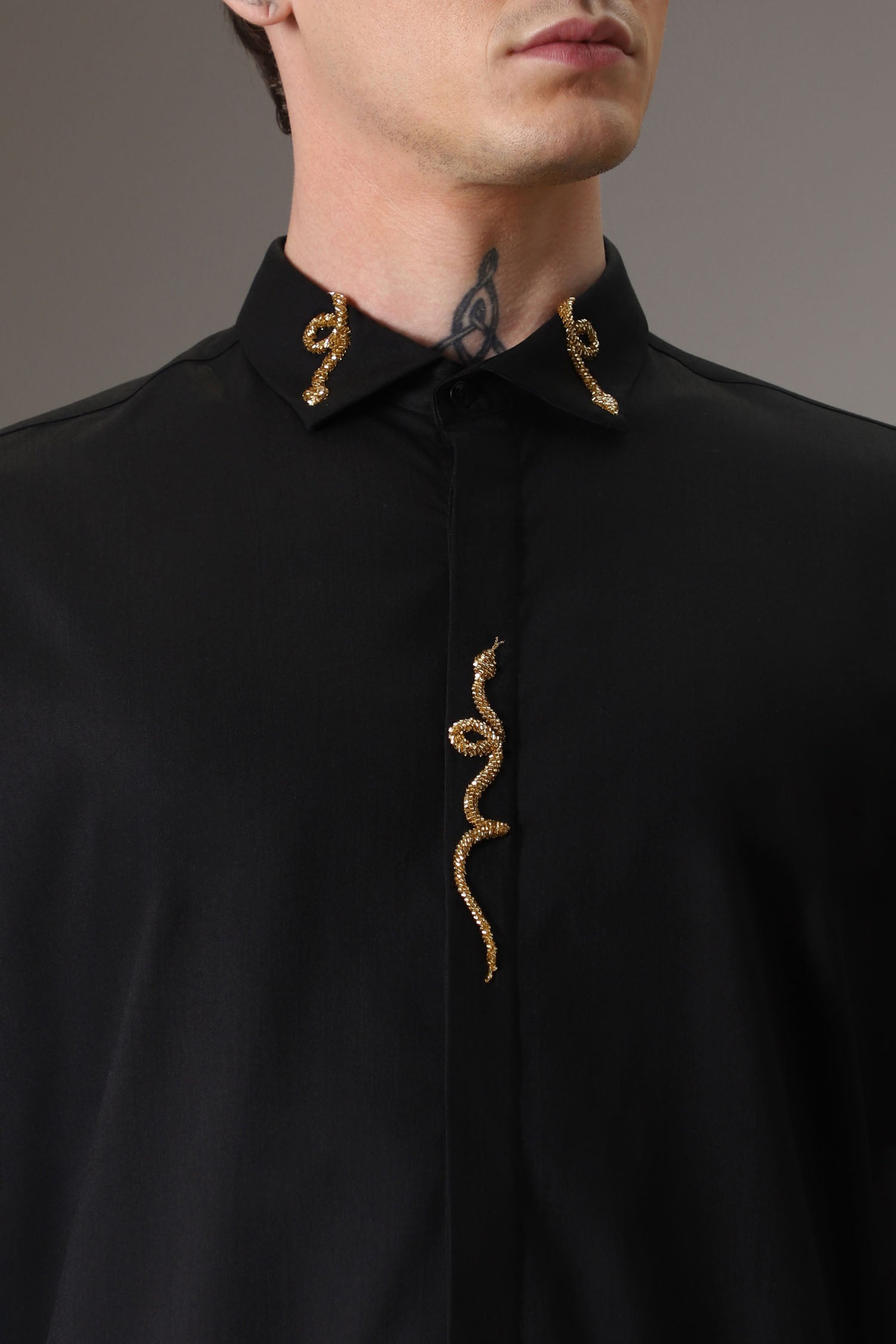Snake hand embroidered designer shirt - Black