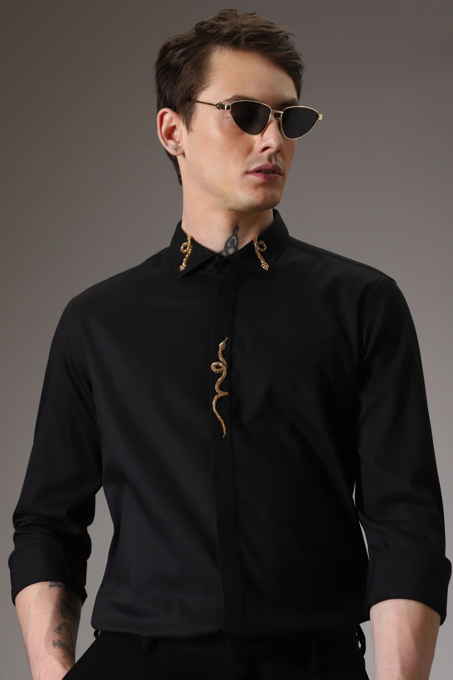 Snake hand embroidered designer shirt - Black