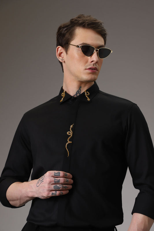 Snake hand embroidered designer shirt -Black