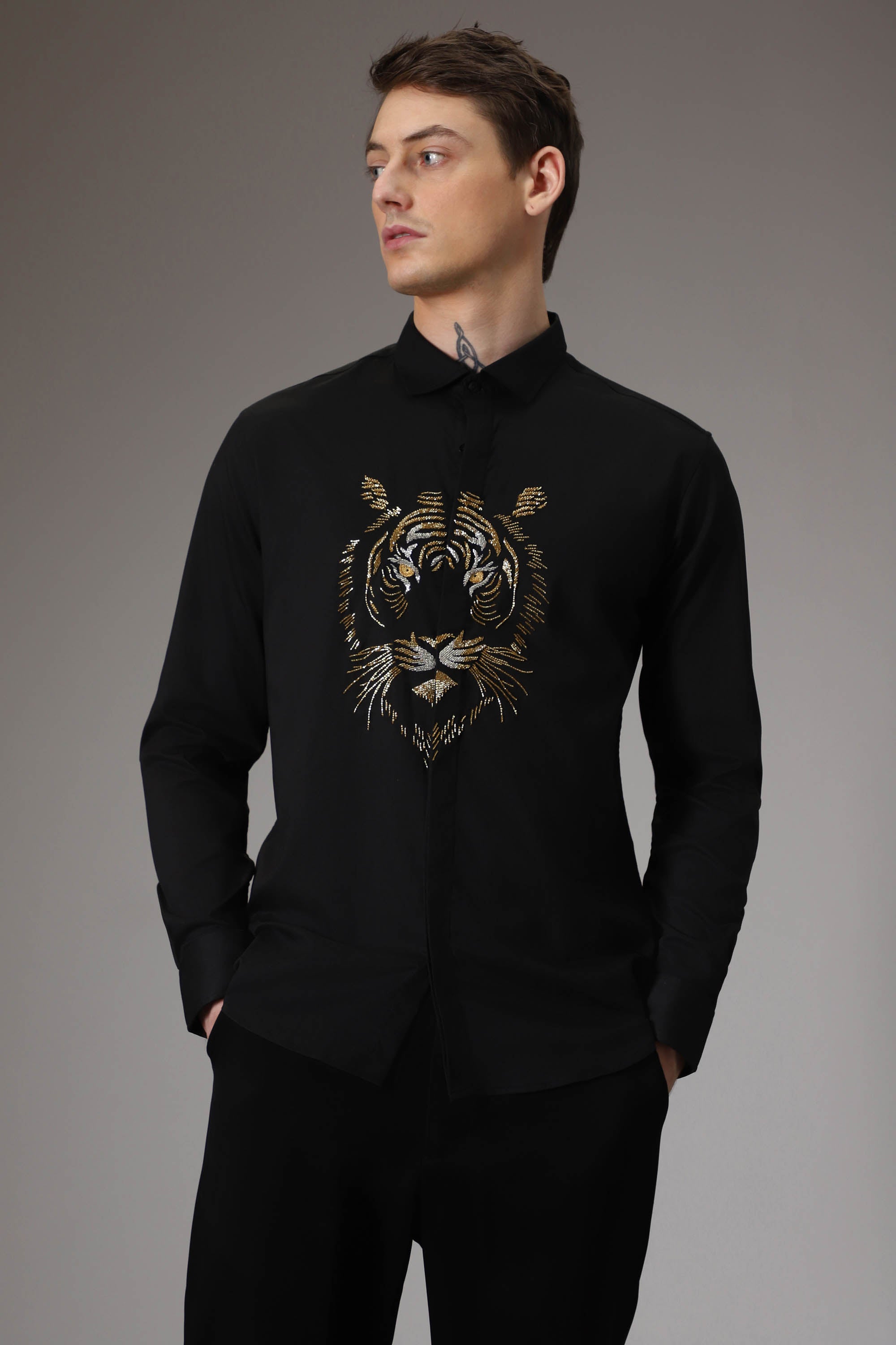 Relentless Tiger Hand Embroidered Designer Shirt - Black