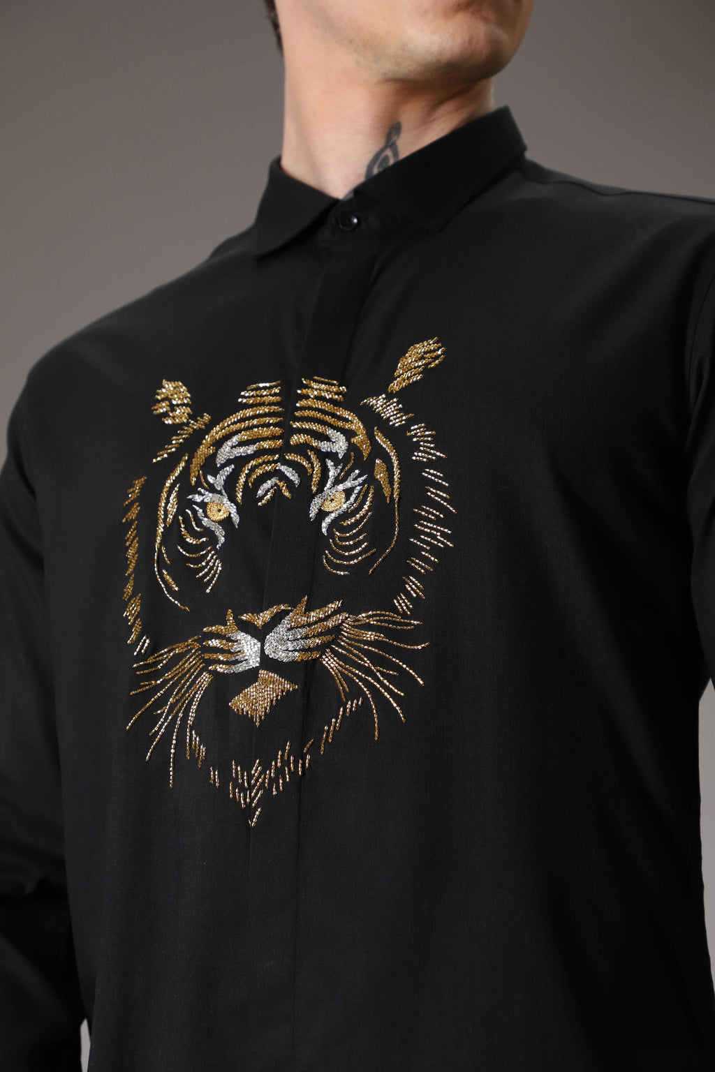 Relentless Tiger Hand Embroidered Designer Shirt - Black