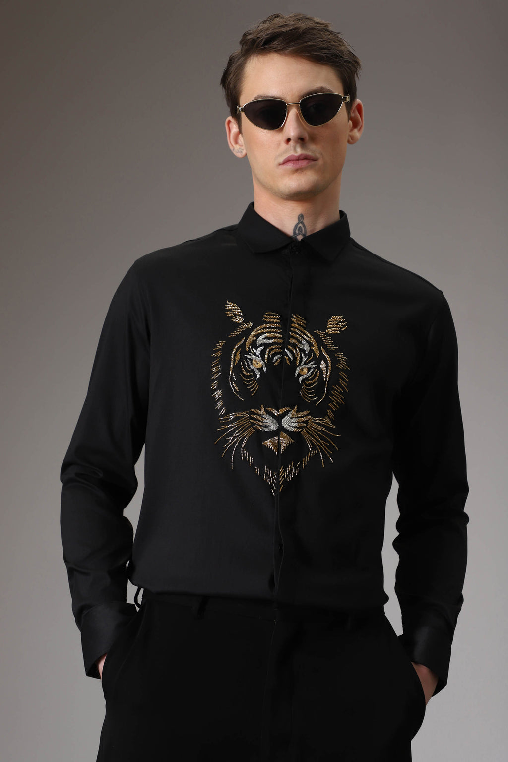 Relentless Tiger Hand Embroidered Designer Shirt - Black