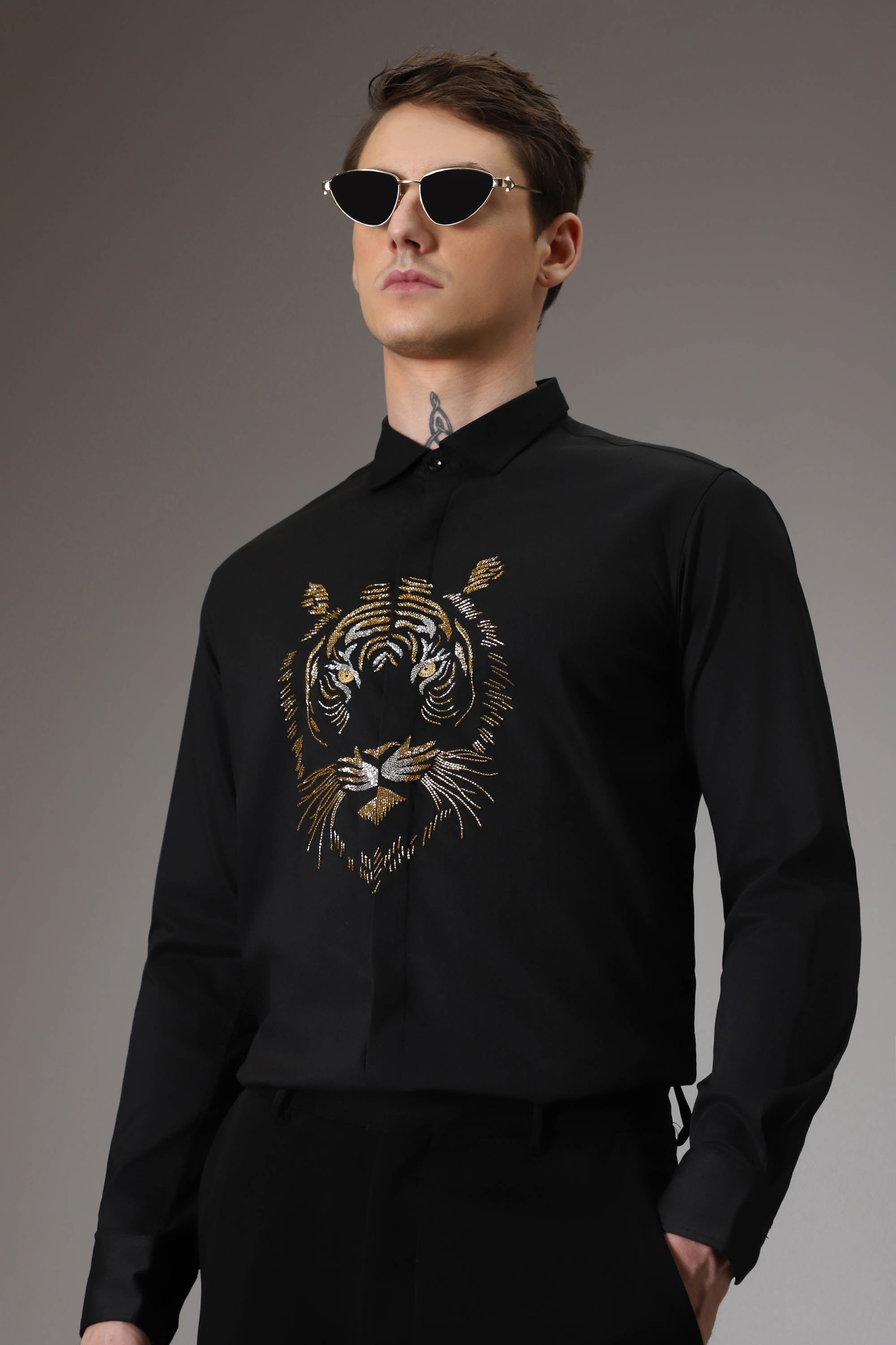 Relentless Tiger Hand Embroidered Designer Shirt - Black