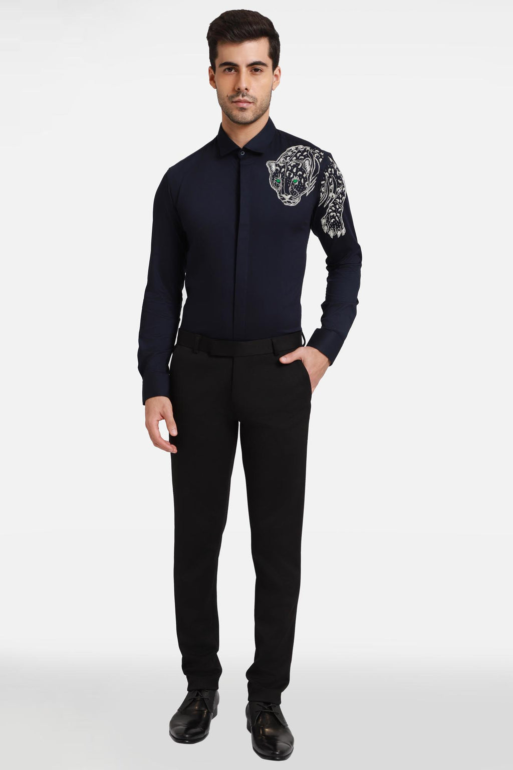 The Jaguar Hand embroidered Designer Shirt- Navy