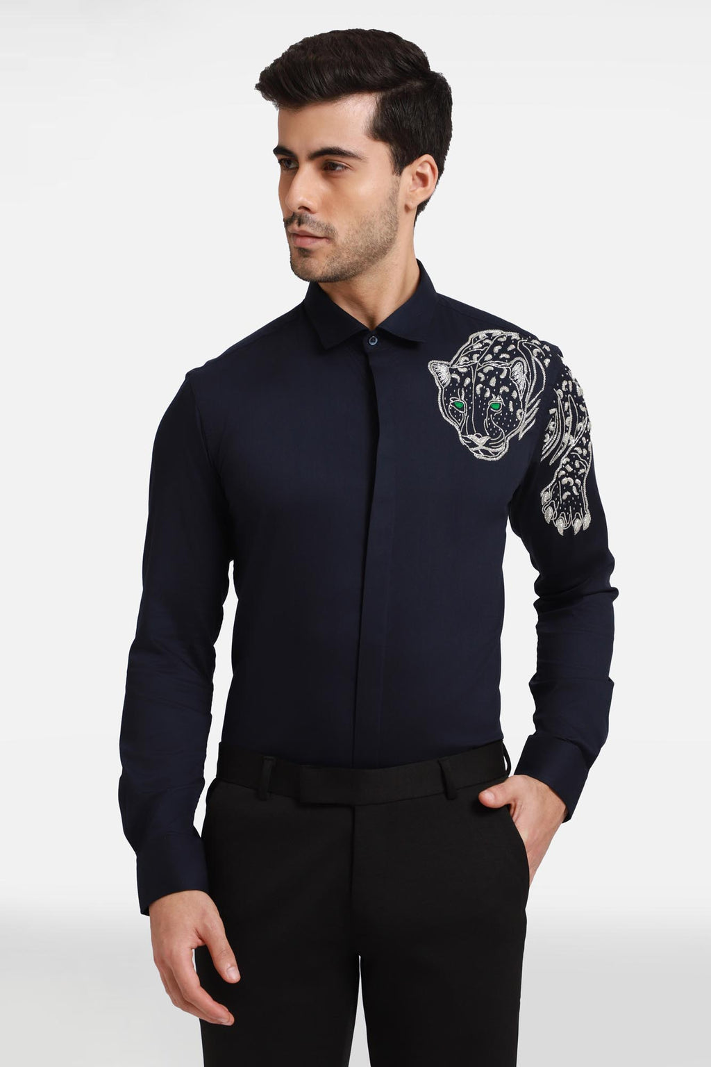 The Jaguar Hand embroidered Designer Shirt- Navy