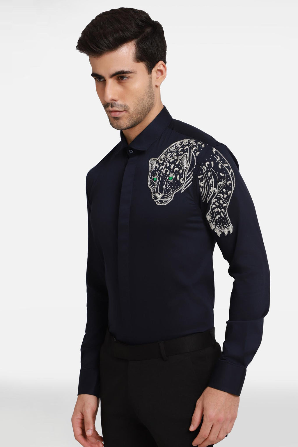 The Jaguar Hand embroidered Designer Shirt- Navy
