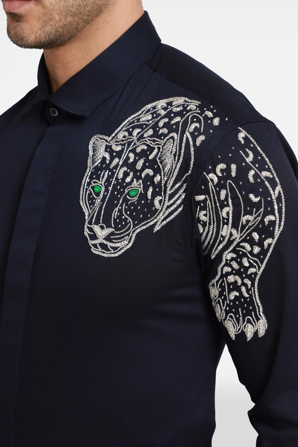 The Jaguar Hand embroidered Designer Shirt- Navy