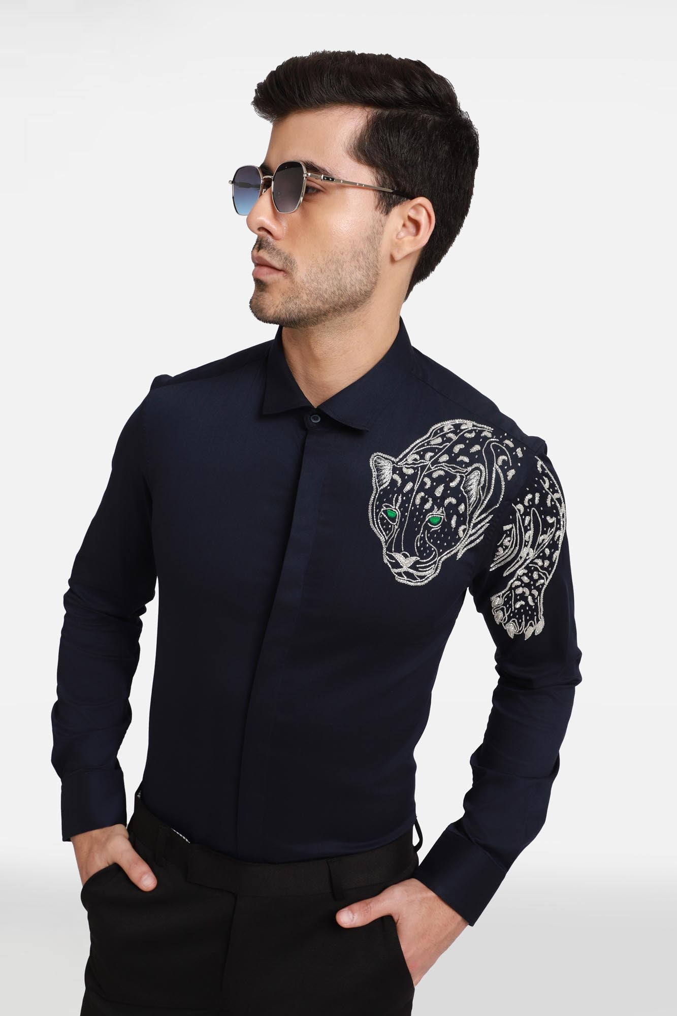 The Jaguar Hand embroidered Designer Shirt- Navy