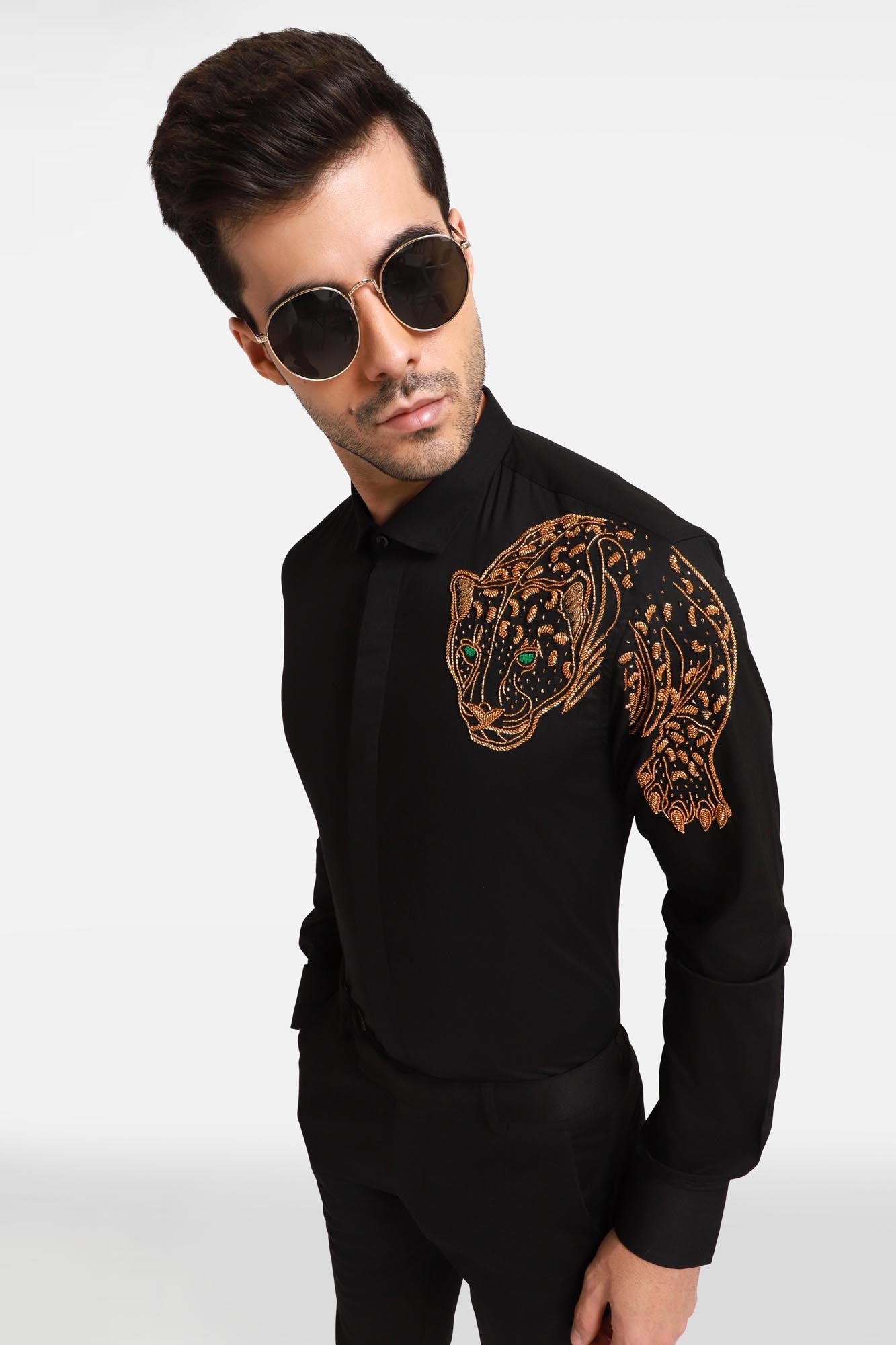 The Jaguar Hand embroidery Designer Shirt - Black