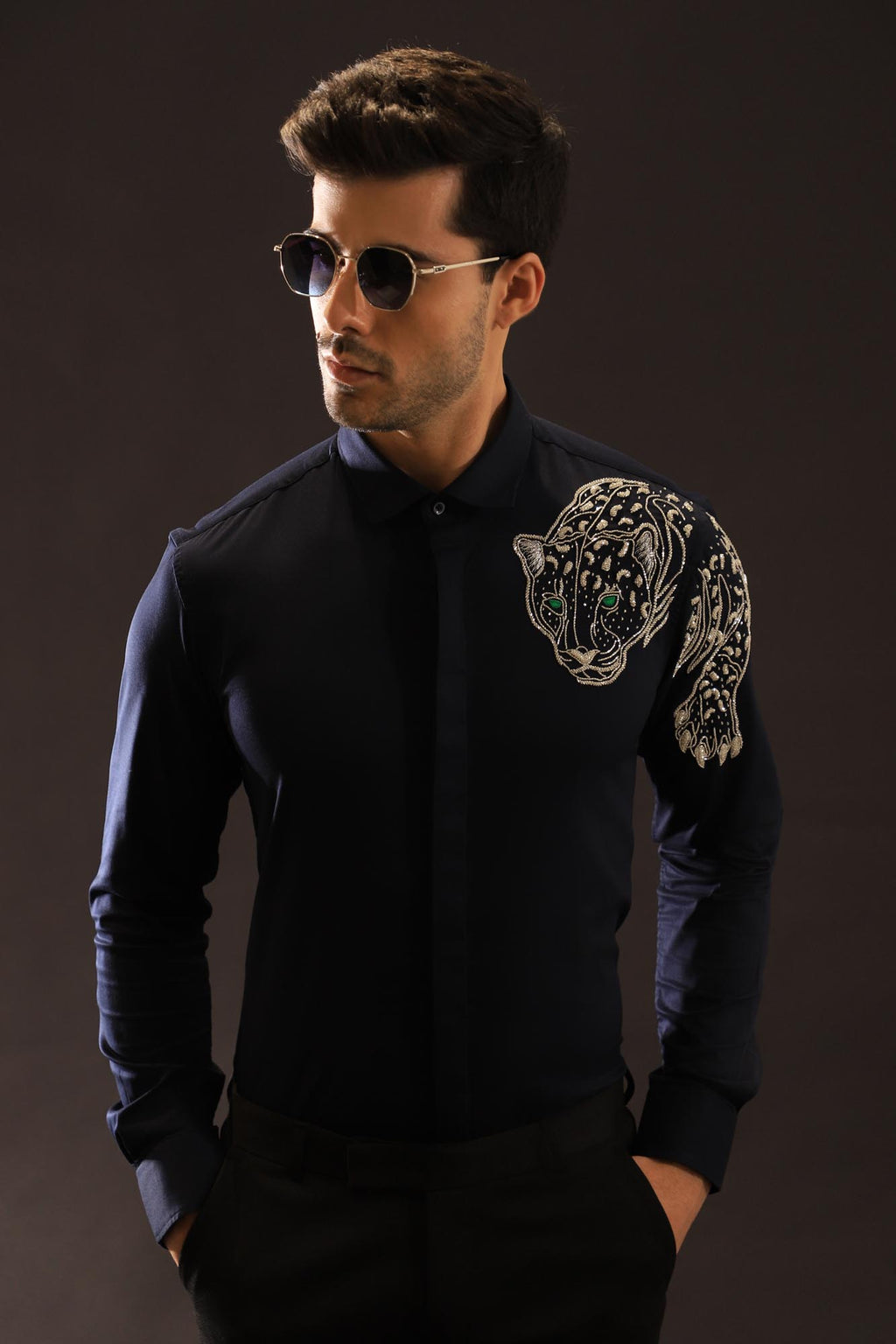 The Jaguar Hand embroidered Designer Shirt- Navy