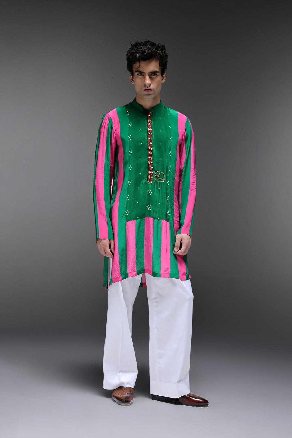 Whimsy - Hand Embroidered Designer Kurta - Pink & green