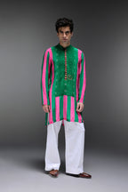 Whimsy - Hand Embroidered Designer Kurta - Pink & green