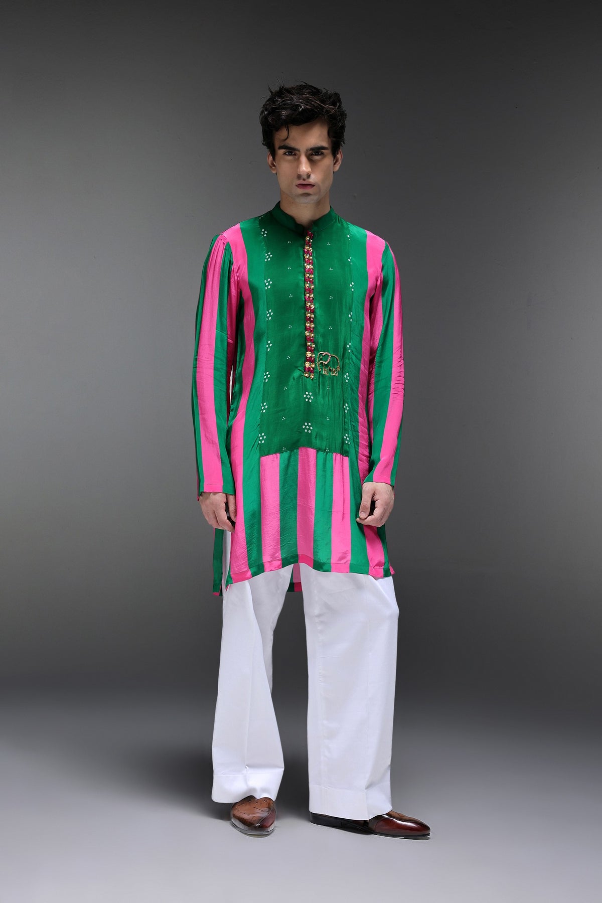 Whimsy - Hand Embroidered Designer Kurta - Pink & green
