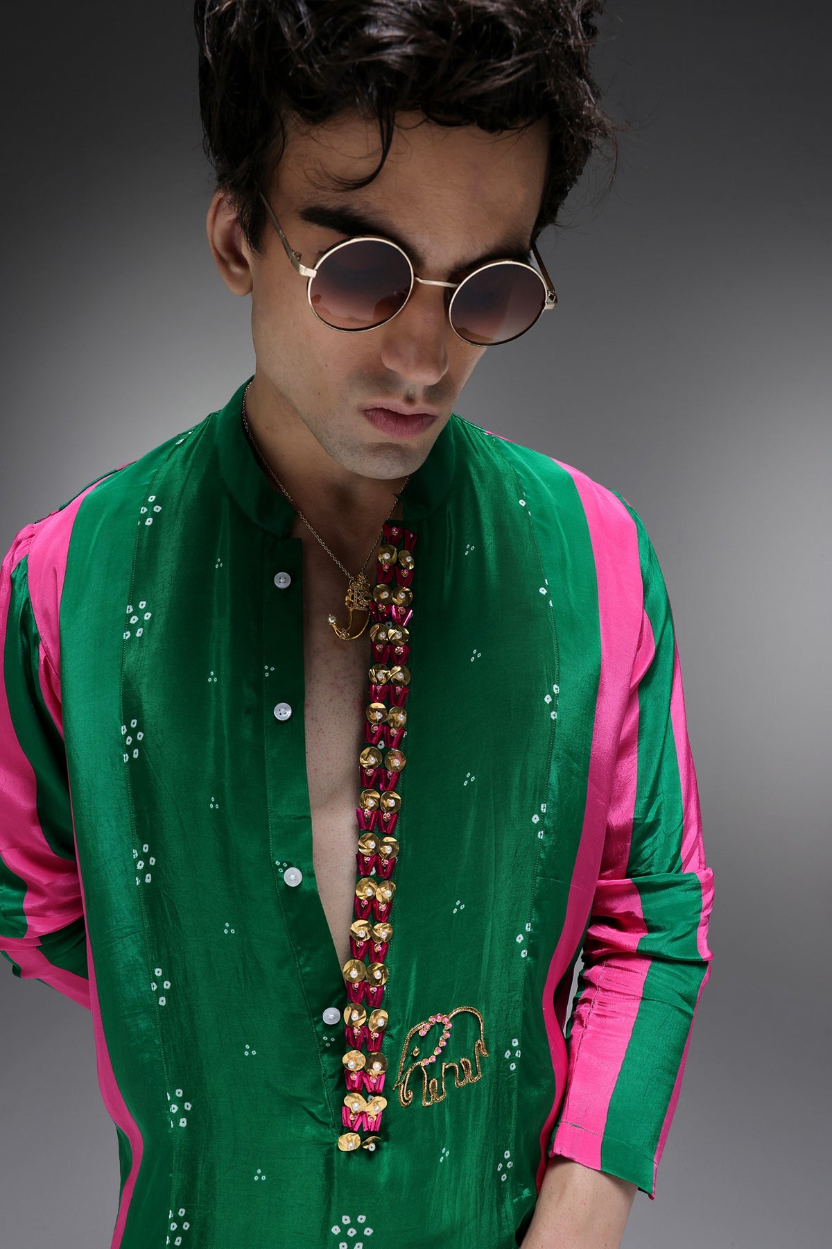 Whimsy - Hand Embroidered Designer Kurta - Pink & green
