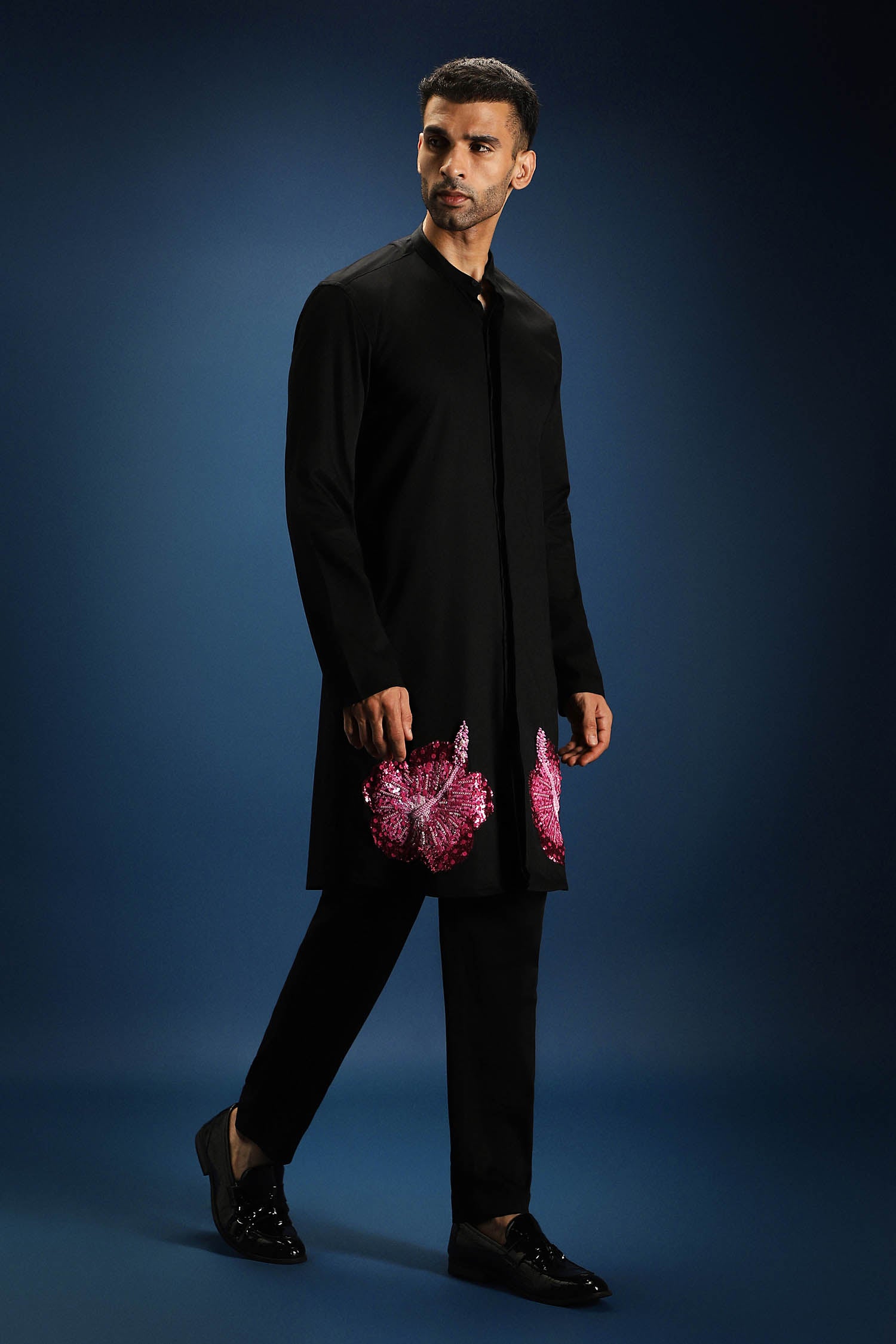 Hibiscus Kurta - Hand Embroidered Designer Kurta - Black