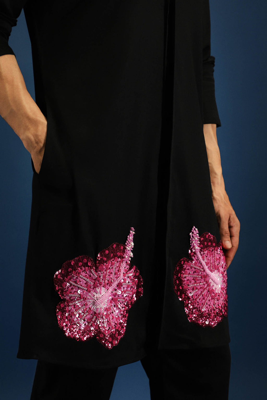 Hibiscus Kurta - Hand Embroidered Designer Kurta - Black