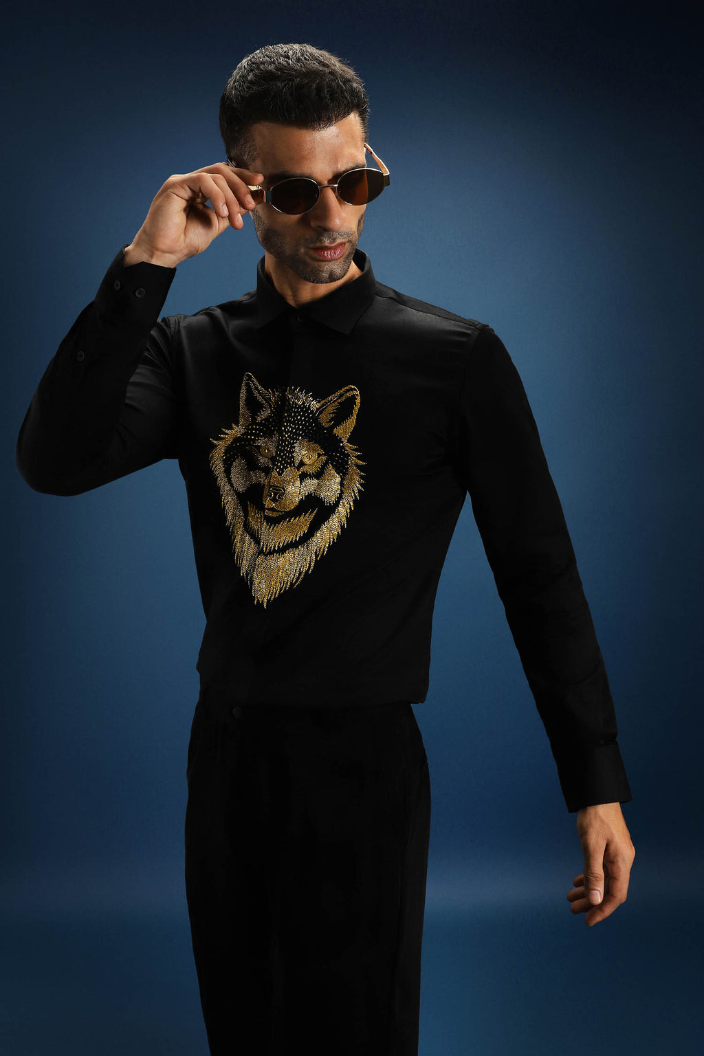 Wolf - Hand Embroidered Designer Shirt - Black