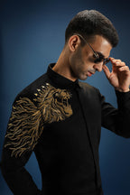 Narasimha (Lion) Hand Embroidered Designer Shirt - Black