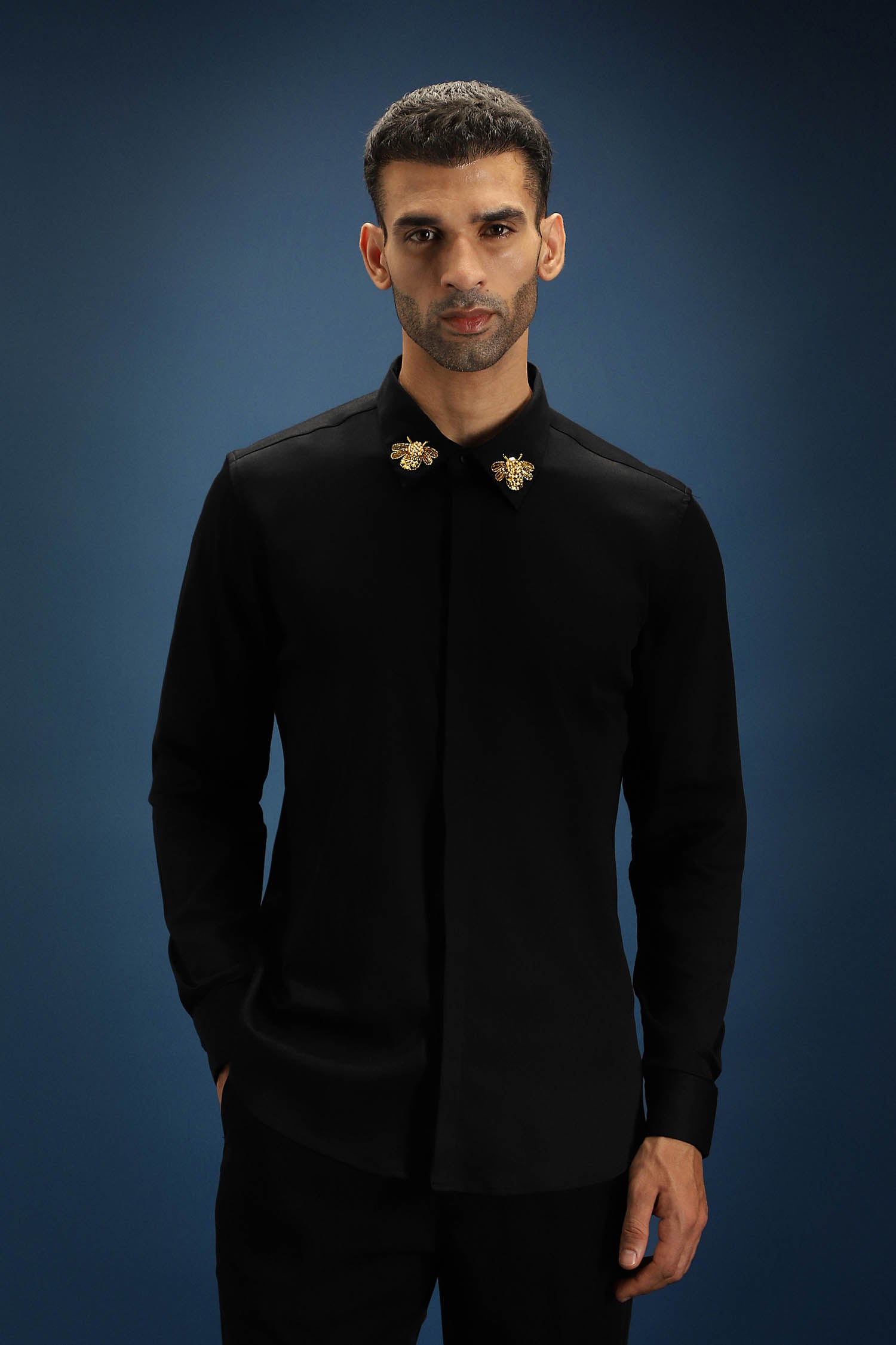 Collar  Bumblebee Hand Embroidered Designer Shirt - Black